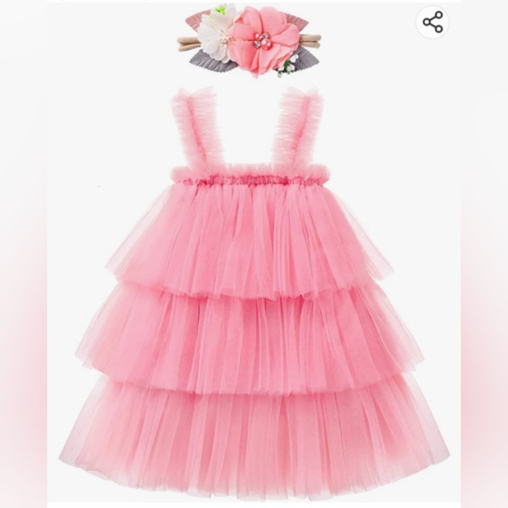 Princess pink dress with floral head piece, Tul